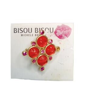 Bisou Bisou Vtg Red & Orange Sizable Gold Tone Cocktail Ring 90s Costume Jewelry